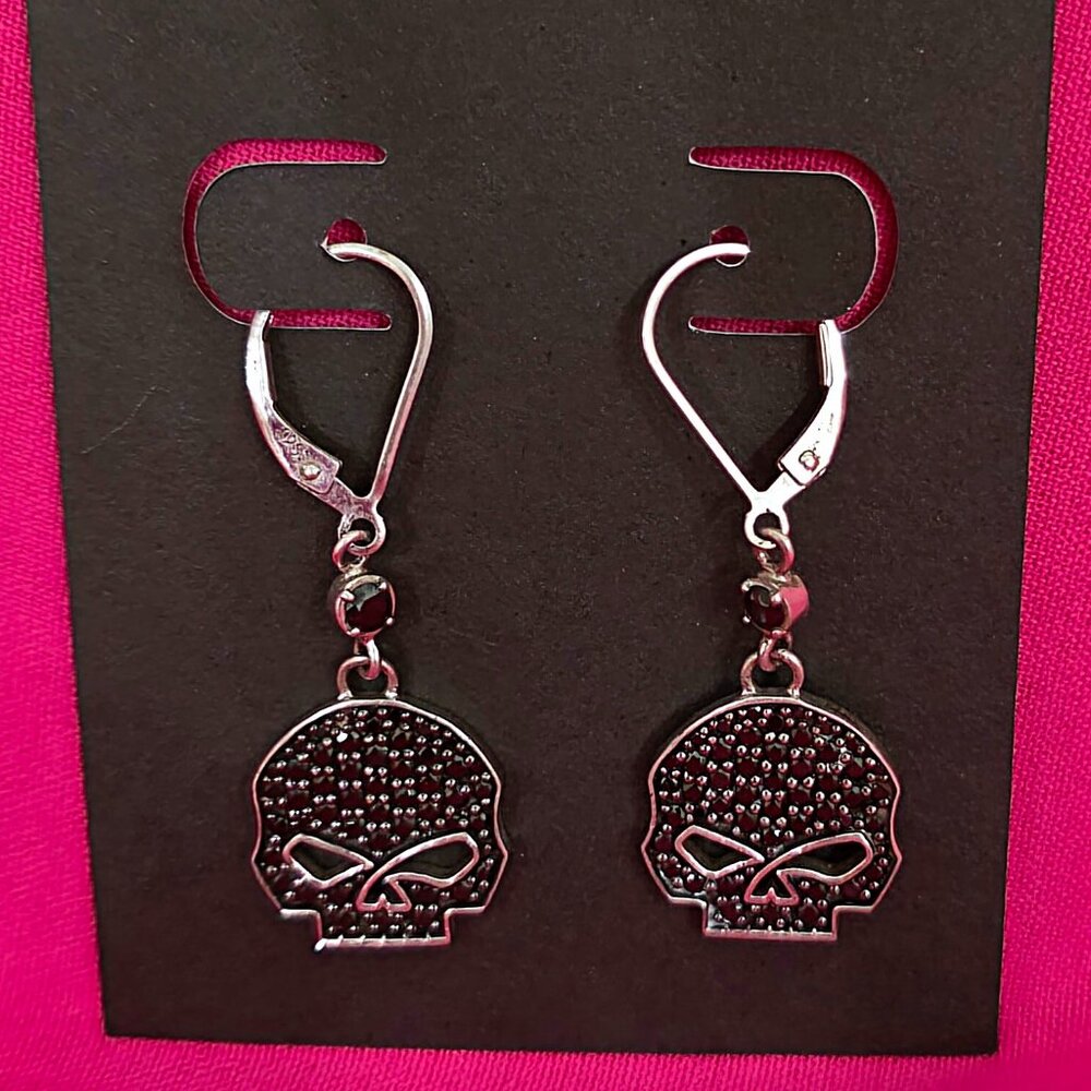 Ladies Harley-Davidson Sterling Dangle Black Willie G Skull Earrings